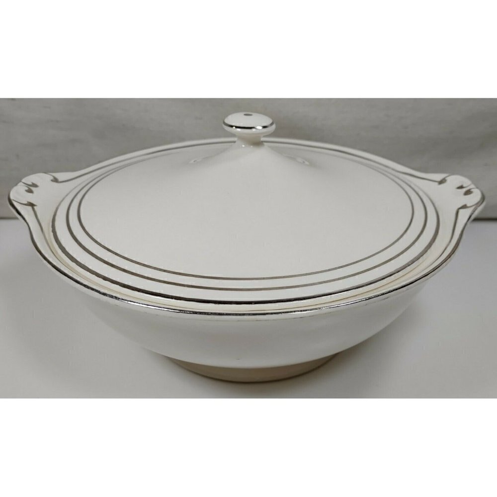 Vintage Grecian Ivory By Paden City Silver Trim White Serving Bowl With Lid